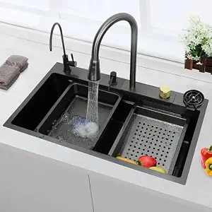 Waterfall Kitchen Sink / 304 Stainless Steel / 30 x 18 x 9 Inch / Matt Black / with Cup Washer & Drain Baskets