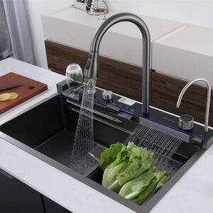 The Sink Shop 304 Stainless Steel Kitchen Sink (30 X 18 Inch) With Integrated Waterfall In Led Pannel And Digital Display/waterfall And Pull-down Faucets, Fruit Baskets & Accessories
