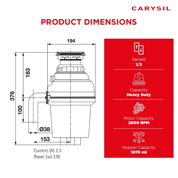 Carysil Food Waste Disposer HEAVY DUTY 1/2 HP - Image 10