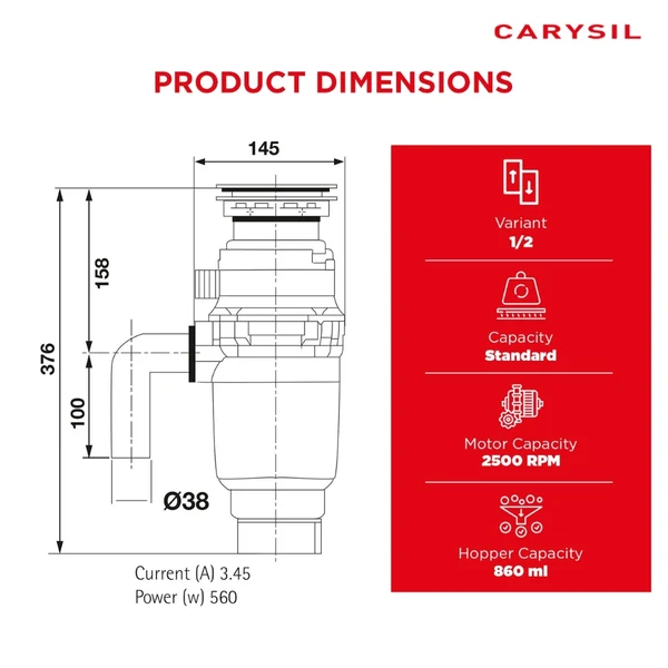 Carysil Food Waste Disposer STANDARD 3/4 HP - Image 9