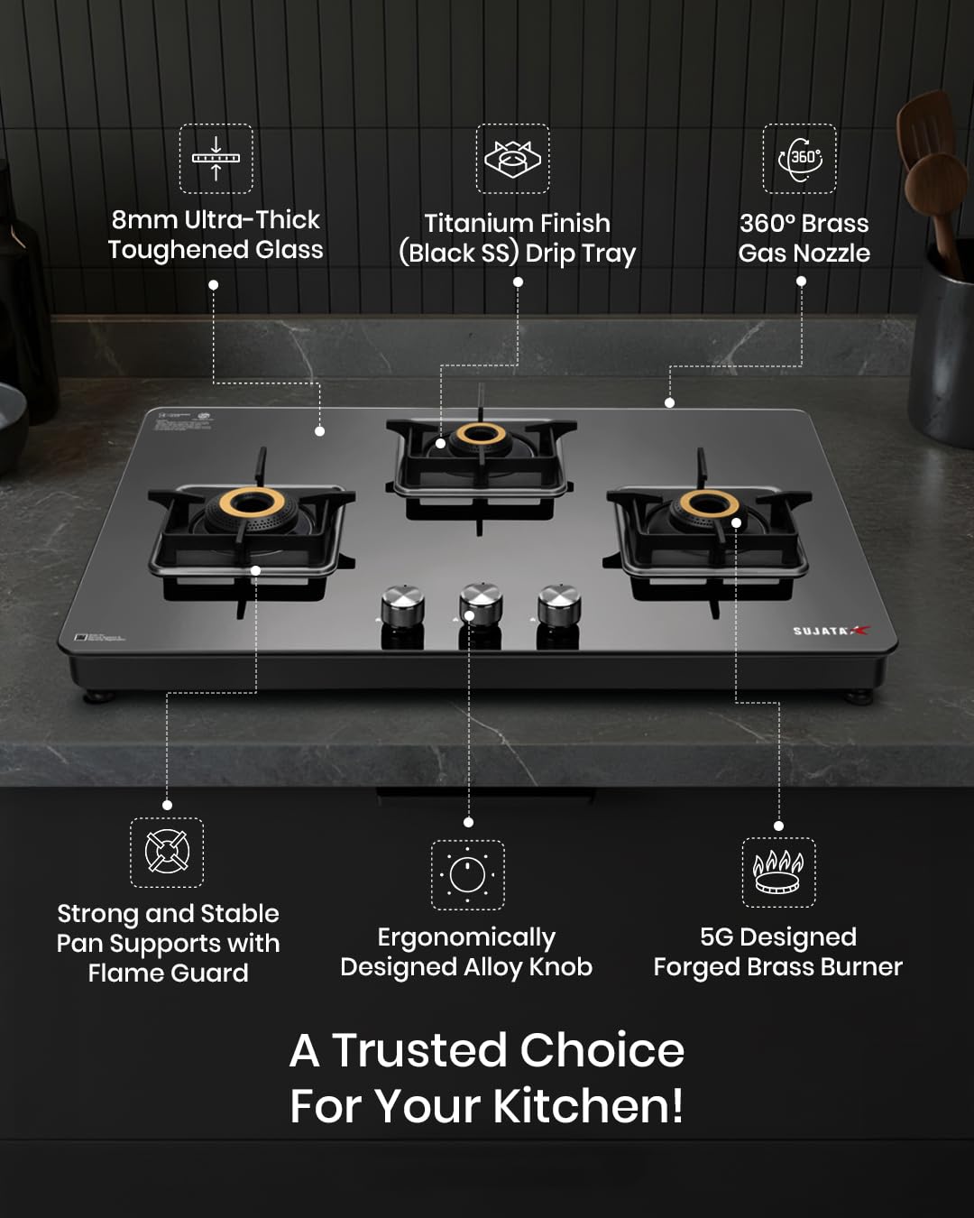 Sujata Premium Gas Stove 3 Burners Glass Top | 9 Years Warranty | Gas Stove with Jumbo Brass Burners | SABAF Technology | ISI Certified | LPG & PNG Compatible | 360° Rotating Brass Nozzle (Black) - Image 4