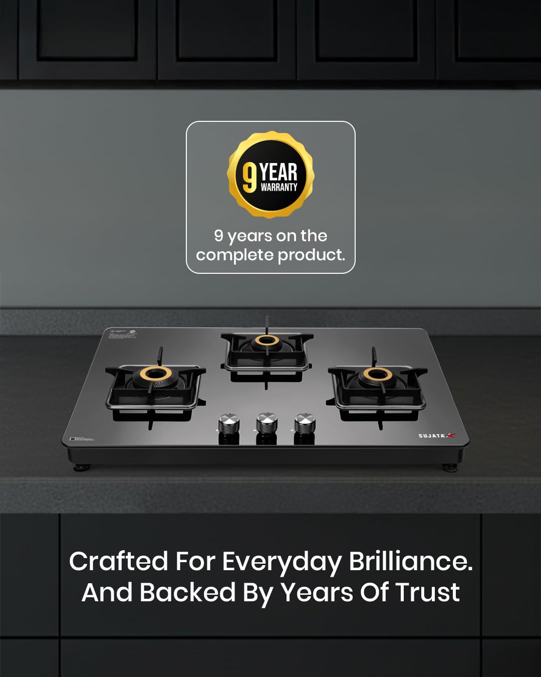 Sujata Premium Gas Stove 3 Burners Glass Top | 9 Years Warranty | Gas Stove with Jumbo Brass Burners | SABAF Technology | ISI Certified | LPG & PNG Compatible | 360° Rotating Brass Nozzle (Black) - Image 5