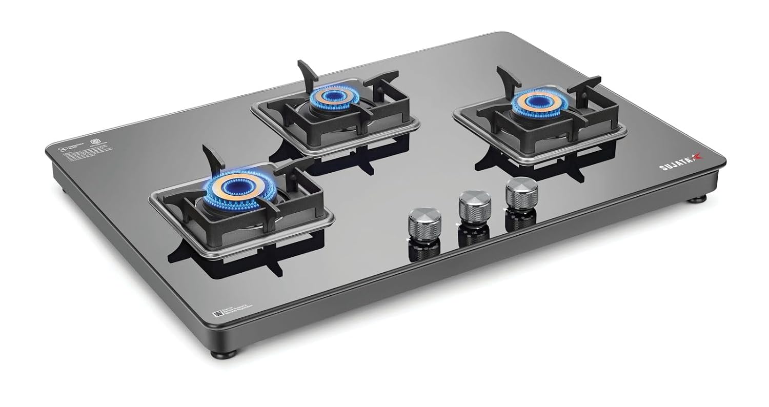 Sujata Premium Gas Stove 3 Burners Glass Top | 9 Years Warranty | Gas Stove with Jumbo Brass Burners | SABAF Technology | ISI Certified | LPG & PNG Compatible | 360° Rotating Brass Nozzle (Black) - Image 6