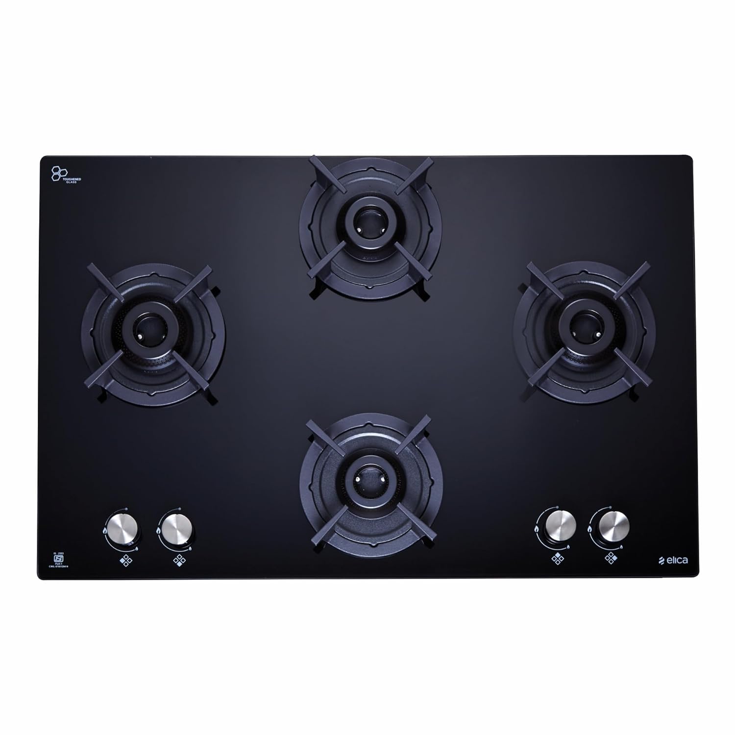 Elica 70cm 4 Burner Auto Ignition Hob | SABAF Brass Burners | Toughened Black Glass | Built-in & Freestanding | 10-Year Burner & 5-Year Glass Warranty | RG FLEXI 470 LOTUS IND HD BRASS - Image 2