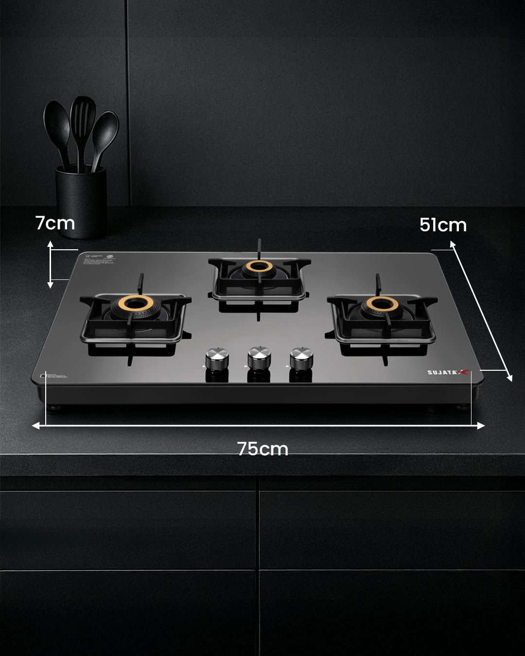 Sujata Premium Gas Stove 3 Burners Glass Top | 9 Years Warranty | Gas Stove with Jumbo Brass Burners | SABAF Technology | ISI Certified | LPG & PNG Compatible | 360° Rotating Brass Nozzle (Black) - Image 3