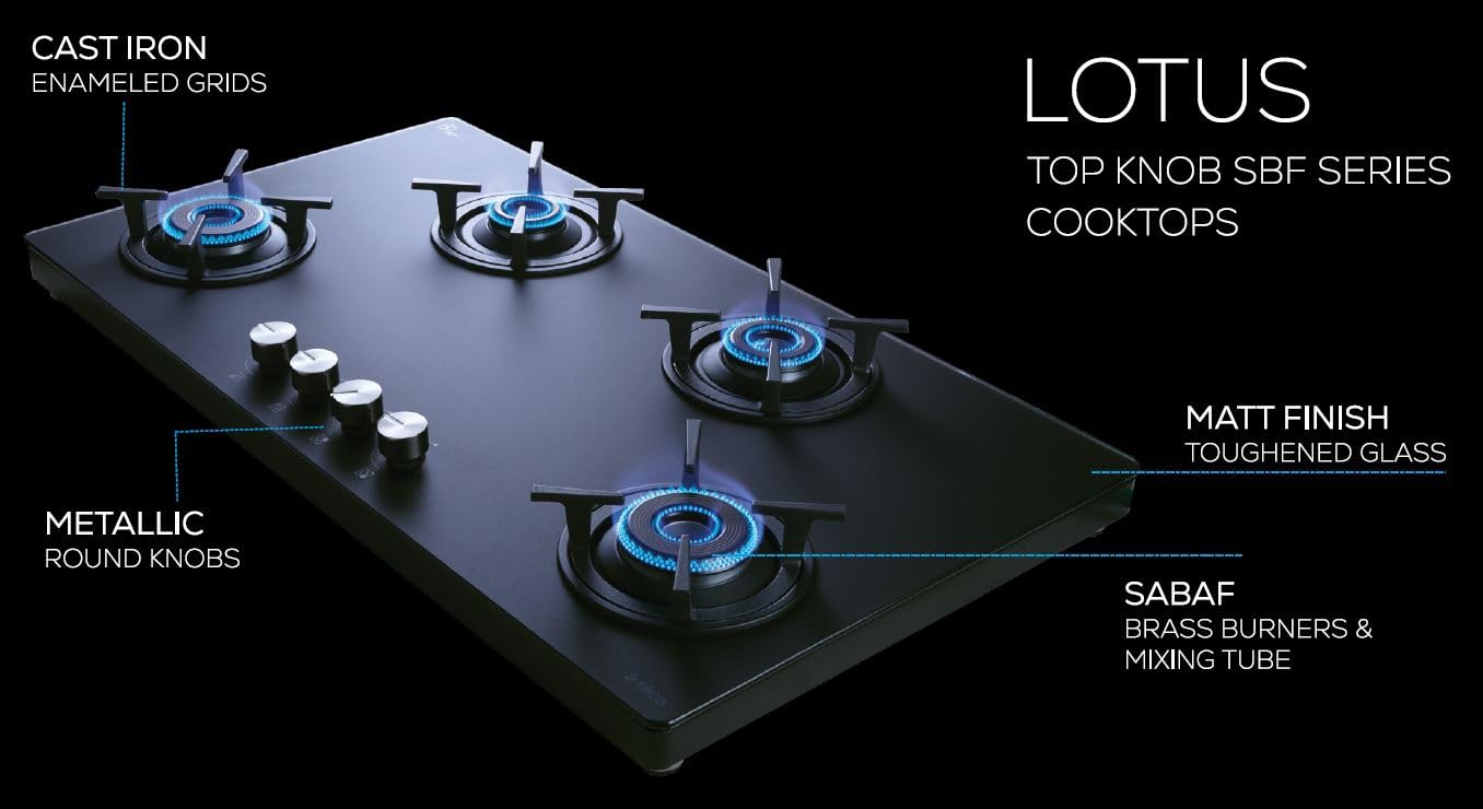 Elica Auto Ignition 90cm 4 Burner Gas Stove | SBF MATT LOTUS TKN 904 CT VETRO 2J BK | Matt Glass Top | SABAF Brass Burners & Valves | Cast Iron Pan Support | 10 Yr Burner & 5 Yr Glass Warranty | Black (AI) - Image 6