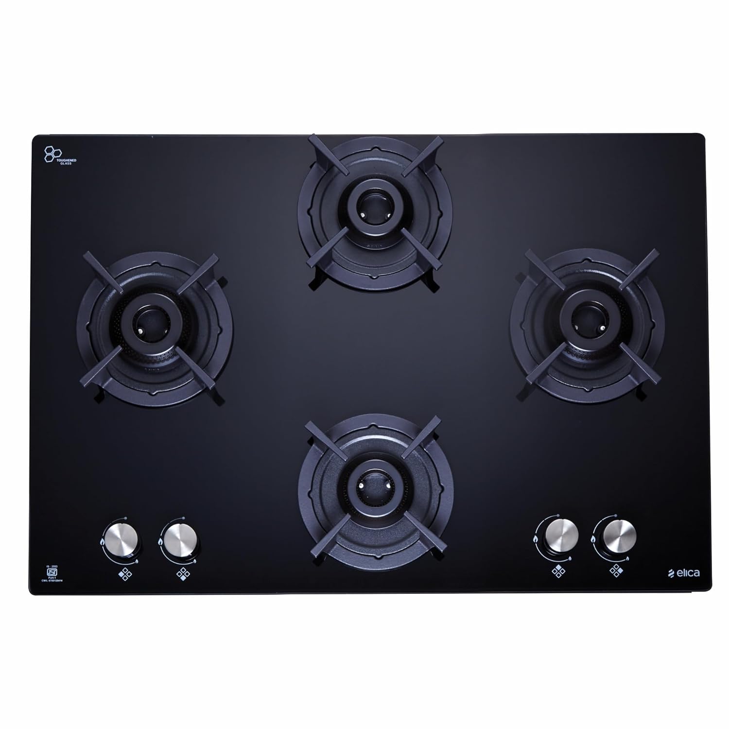 Elica 60cm 4 Burner Auto Ignition Hob | SABAF Brass Burners | Toughened Black Glass | Built-in & Freestanding | 10-Year Burner & 5-Year Glass Warranty | RG FLEXI 460 LOTUS IND HD BRASS