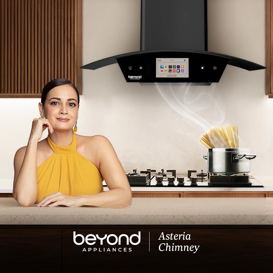 Beyond Appliances Asteria 90cm BLDC Auto Clean Kitchen Chimney | 1800 CMH Suction | Filterless | Curved Glass | Smart Screen & Speakers | Touch Control | Black | PAN INDIA - Image 2