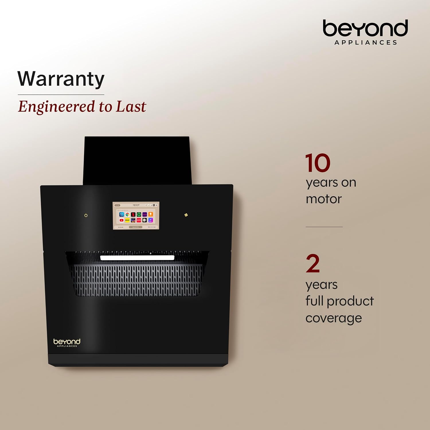 Beyond Appliances Eris 60cm BLDC Kitchen Chimney | 1800 CMH Suction | Auto Clean | Filterless | Smart Touchscreen Display | Touch Control | Slant | Black - Image 5
