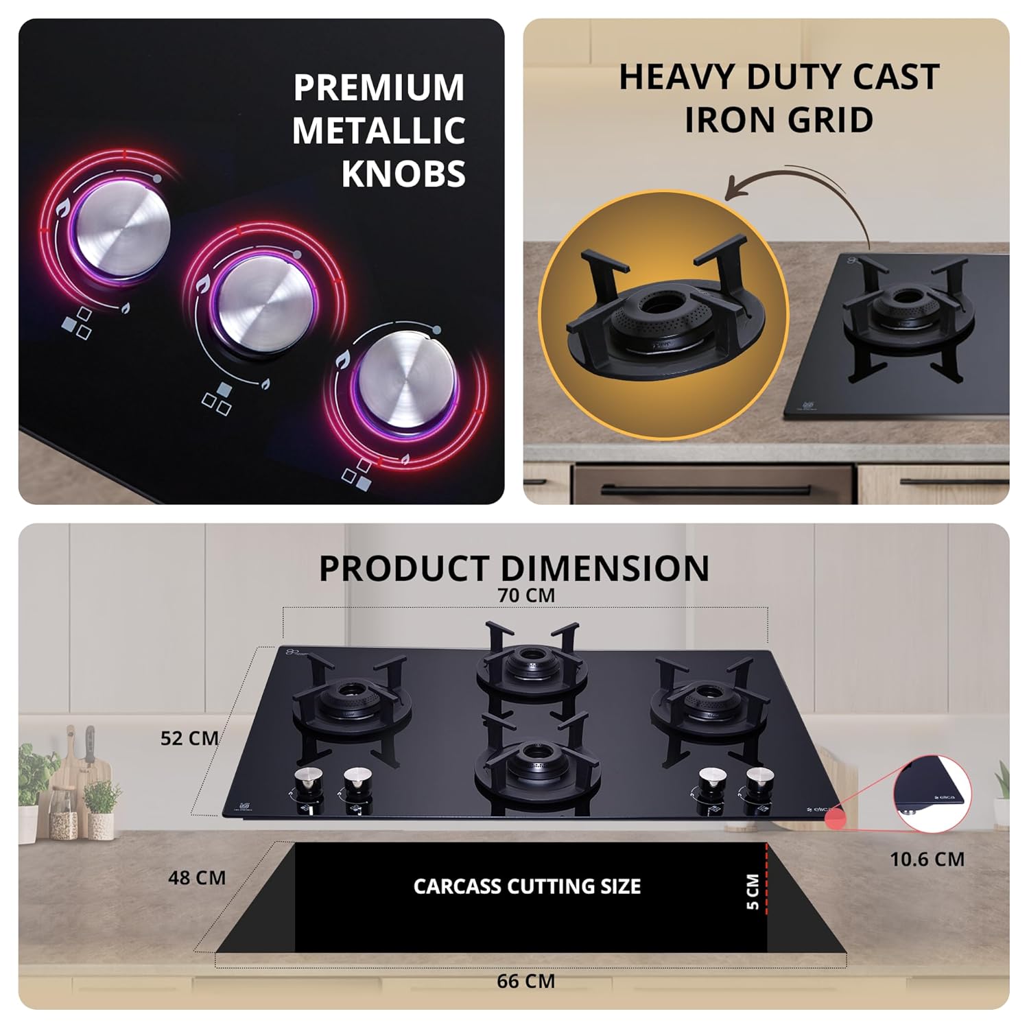 Elica 70cm 4 Burner Auto Ignition Hob | SABAF Brass Burners | Toughened Black Glass | Built-in & Freestanding | 10-Year Burner & 5-Year Glass Warranty | RG FLEXI 470 LOTUS IND HD BRASS - Image 6