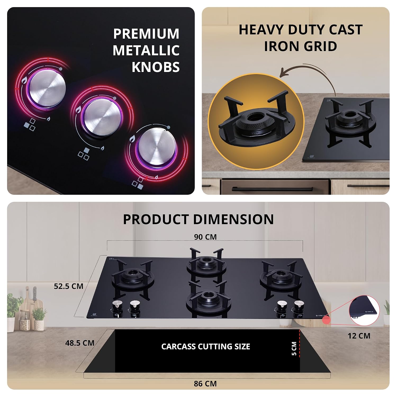 Elica 90cm 4 Burner Auto Ignition Hob | SABAF Brass Burners | Toughened Black Glass | Built-in & Freestanding | 10-Year Burner & 5-Year Glass Warranty | RG FLEXI 491 LOTUS IND HD BRASS - Image 2