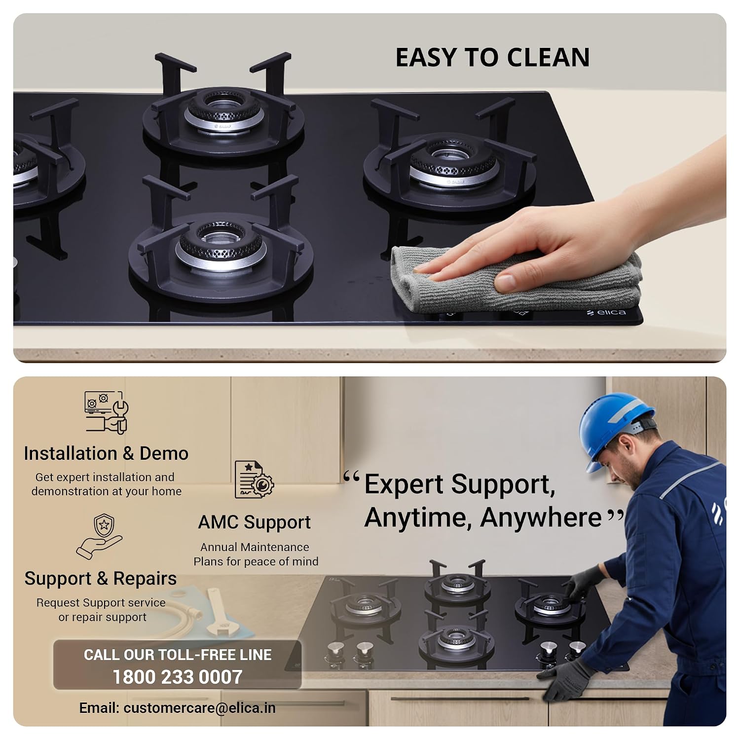 Elica 70cm 4 Burner Hob | Auto Ignition | SABAF Burners | Toughened Glass Top | 5 Year Warranty on Glass | RG FLEXI HCT 470 DX LOTUS BK | Black - Image 3