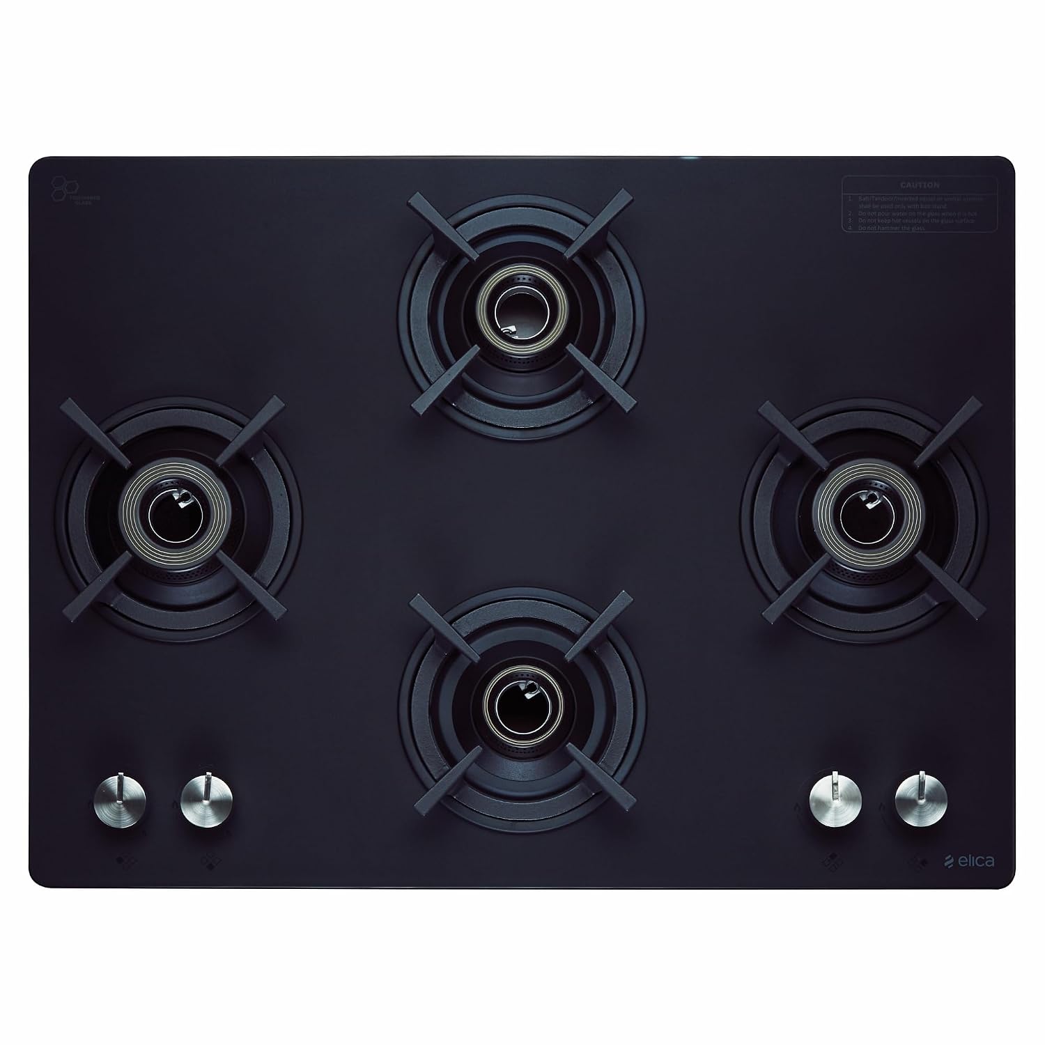 Elica 70cm 4 Burner Gas Stove | SBF MATT LOTUS TKN 694 CT VETRO 2J BK | Matt Glass Top | SABAF Brass Burners & Valves | Cast Iron Pan Support | 10 Yr Burner & 5 Yr Glass Warranty | Black - Image 3