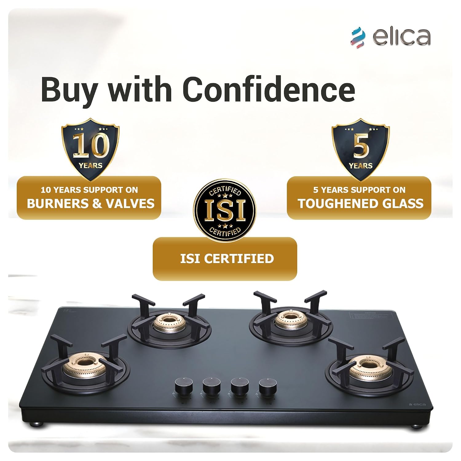 Elica Auto Ignition 90cm 4 Burner Gas Stove | MATT TKN 904 CT VETRO 2J BK (AI) - Image 4