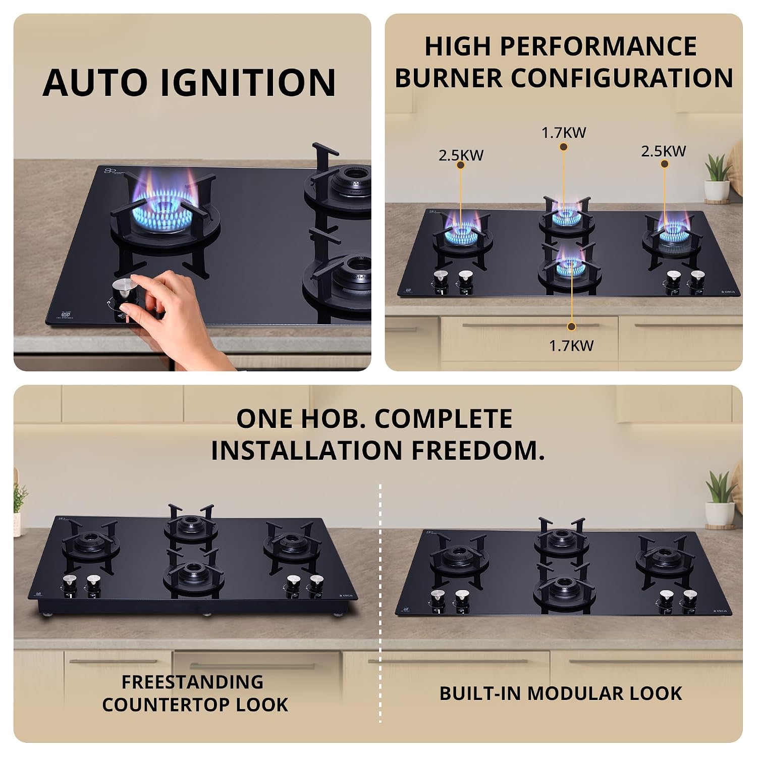 Elica 90cm 4 Burner Auto Ignition Hob | SABAF Brass Burners | Toughened Black Glass | Built-in & Freestanding | 10-Year Burner & 5-Year Glass Warranty | RG FLEXI 491 LOTUS IND HD BRASS - Image 3