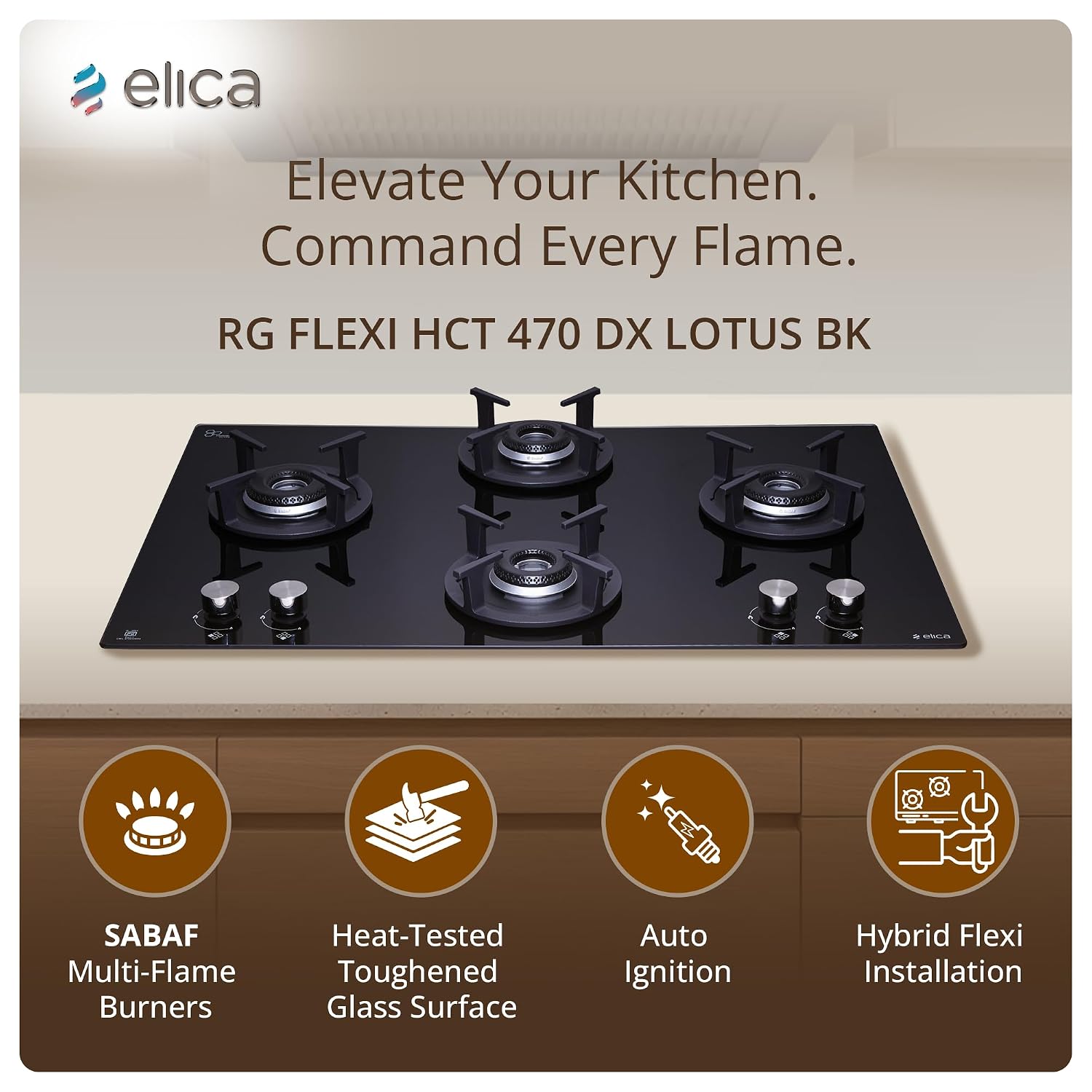 Elica 70cm 4 Burner Hob | Auto Ignition | SABAF Burners | Toughened Glass Top | 5 Year Warranty on Glass | RG FLEXI HCT 470 DX LOTUS BK | Black - Image 8