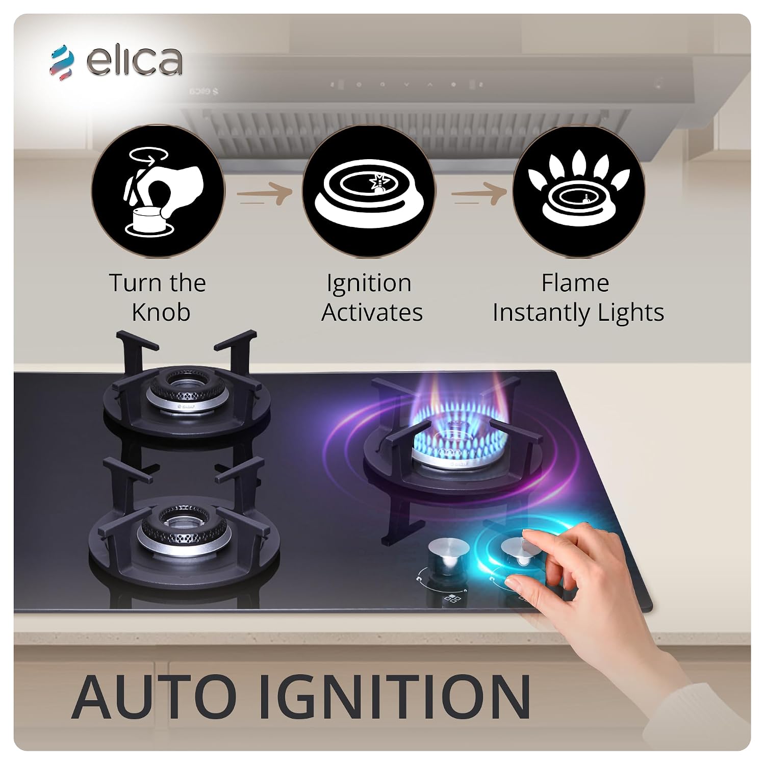 Elica 70cm 4 Burner Hob | Auto Ignition | SABAF Burners | Toughened Glass Top | 5 Year Warranty on Glass | RG FLEXI HCT 470 DX LOTUS BK | Black - Image 4