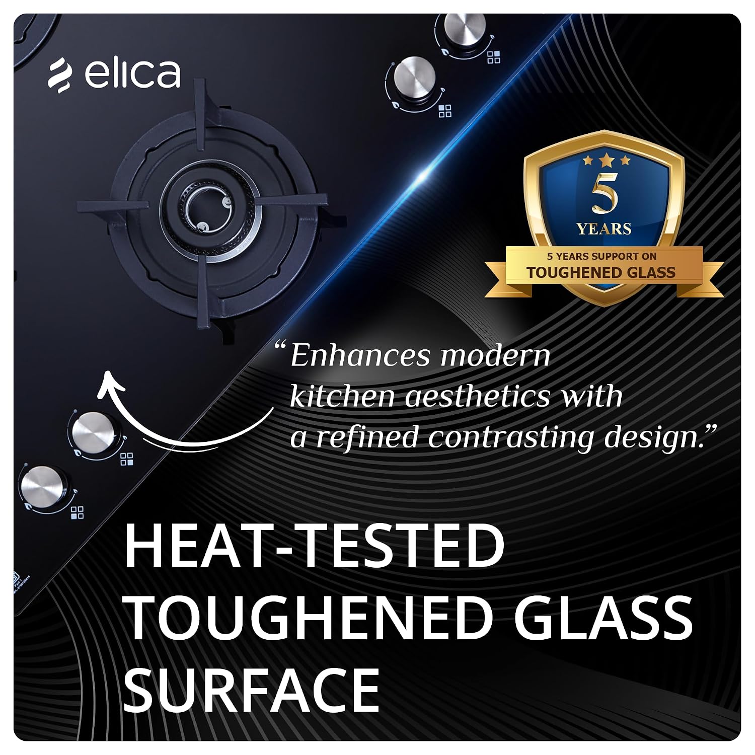 Elica 70cm 4 Burner Hob | Auto Ignition | SABAF Burners | Toughened Glass Top | 5 Year Warranty on Glass | RG FLEXI HCT 470 DX LOTUS BK | Black - Image 9
