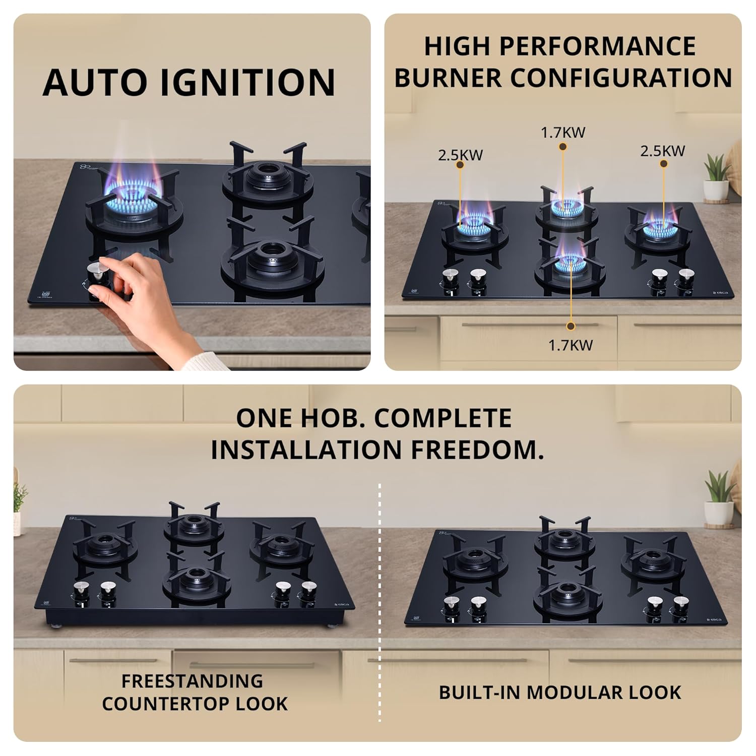 Elica 60cm 4 Burner Auto Ignition Hob | SABAF Brass Burners | Toughened Black Glass | Built-in & Freestanding | 10-Year Burner & 5-Year Glass Warranty | RG FLEXI 460 LOTUS IND HD BRASS - Image 2