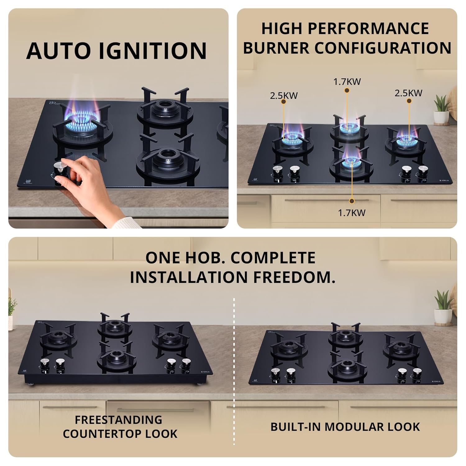 Elica 70cm 4 Burner Auto Ignition Hob | SABAF Brass Burners | Toughened Black Glass | Built-in & Freestanding | 10-Year Burner & 5-Year Glass Warranty | RG FLEXI 470 LOTUS IND HD BRASS - Image 5