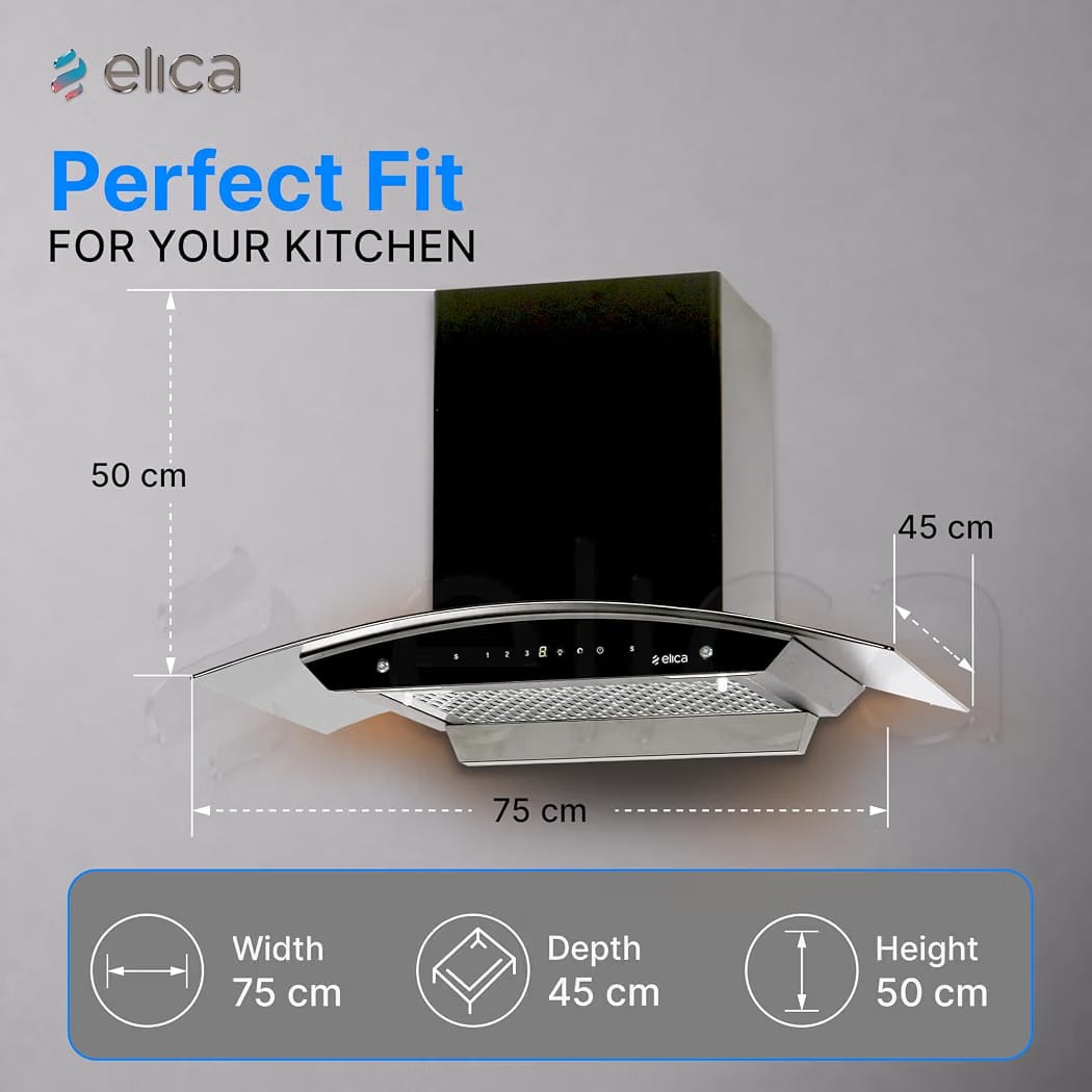 Elica 75cm 1500 m3/hr BLDC Filterless Autoclean Kitchen Chimney with 15 Years Motor & 5 Years Comprehensive Warranty | WDFL 750 BLDC HAC LTW MS NERO | Black | 9 Speed Touch + Motion Sensor Control - Image 2