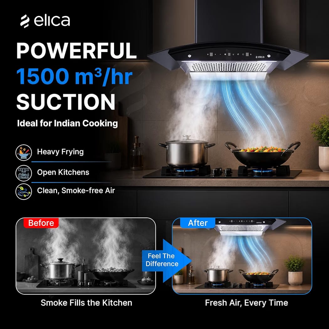 Elica 75cm 1500 m3/hr BLDC Filterless Autoclean Kitchen Chimney with 15 Years Motor & 5 Years Comprehensive Warranty | WDFL 750 BLDC HAC LTW MS NERO | Black | 9 Speed Touch + Motion Sensor Control - Image 4
