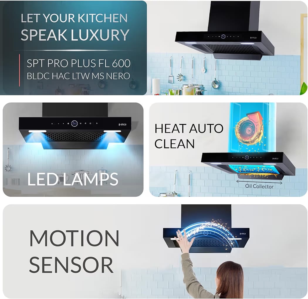 Elica 60cm 1600 m3/hr BLDC Filterless Autoclean Kitchen Chimney with 15 Years Motor & 5 Years Comprehensive Warranty | SPT PRO PLUS FL 600 BLDC HAC LTW MS NERO |Black| RPM Display| Touch+Motion Sensor - Image 4