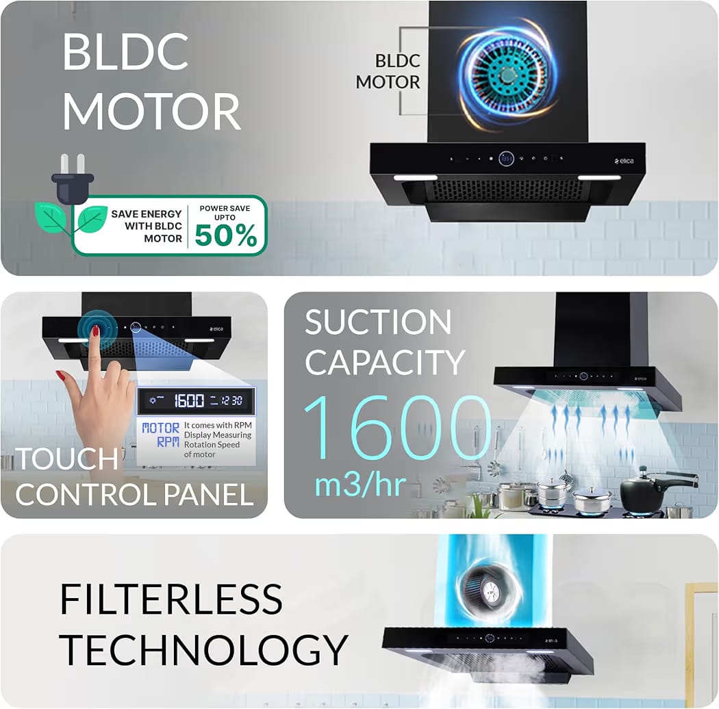 Elica 60cm 1600 m3/hr BLDC Filterless Autoclean Kitchen Chimney with 15 Years Motor & 5 Years Comprehensive Warranty | SPT PRO PLUS FL 600 BLDC HAC LTW MS NERO |Black| RPM Display| Touch+Motion Sensor - Image 5