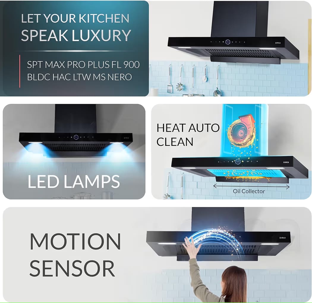 Elica 90cm 1600 m3/hr BLDC Filterless Autoclean Kitchen Chimney with FULL GRILL | 15 Years Motor Warranty | SPT MAX PRO PLUS FL 900 BLDC HAC LTW MS NERO | RPM Display | Black | Touch + Motion Sensor - Image 4