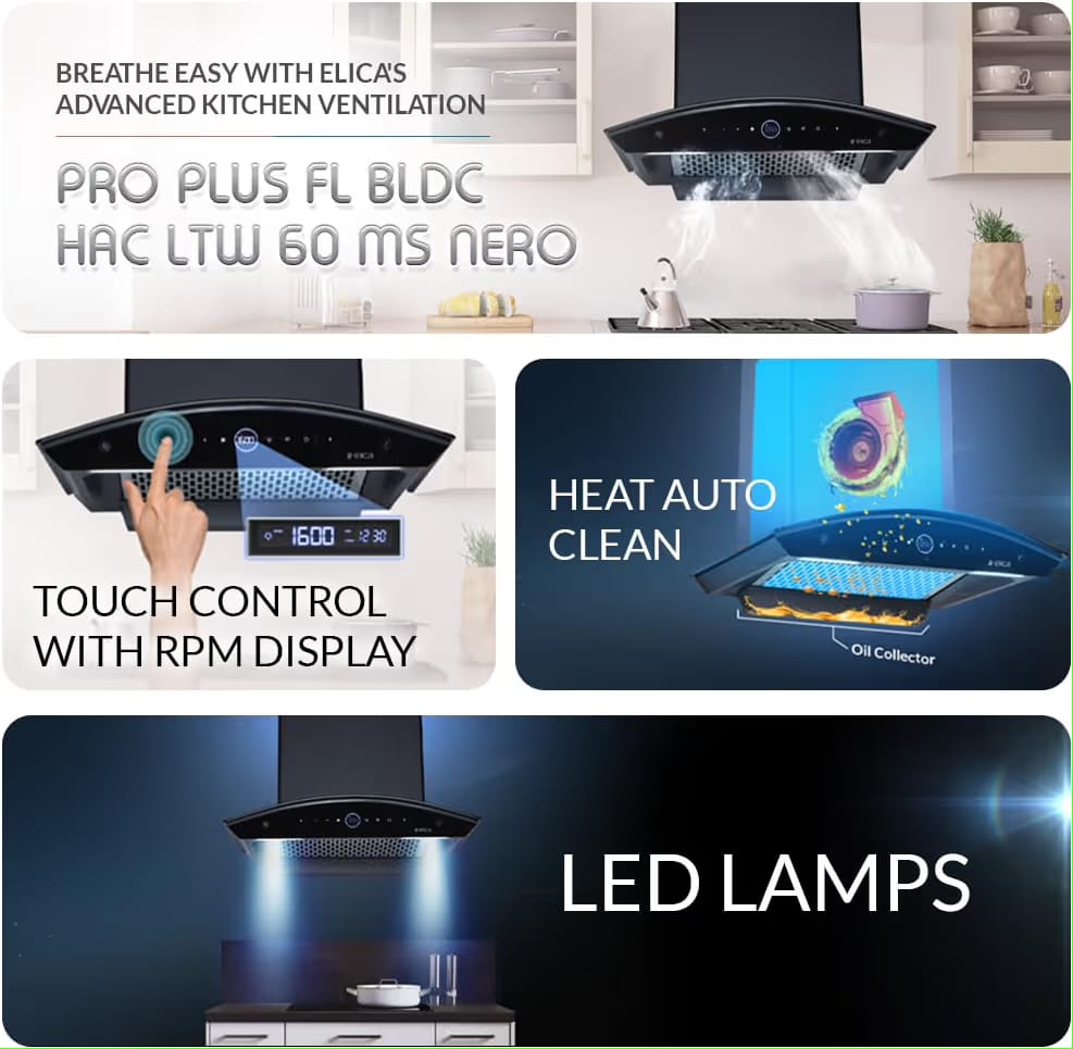 Elica 60cm 1600 m3/hr BLDC Filterless Autoclean Kitchen Chimney with 15 Years Motor & 5 Years Comprehensive Warranty | PRO PLUS FL BLDC HAC LTW 60 MS NERO | Black| Touch Control with Round RPM Display - Image 4