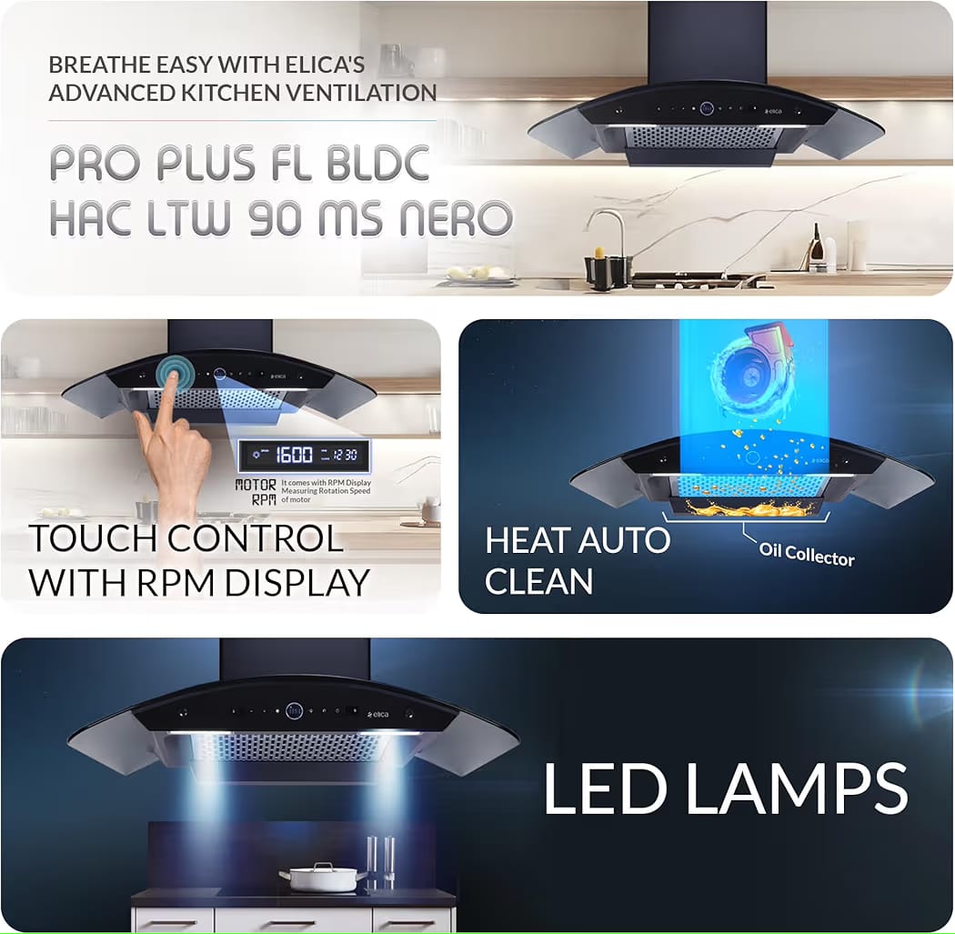 Elica 90cm 1600 m3/hr BLDC Filterless Autoclean Kitchen Chimney with 15 Years Motor & 5 Years Comprehensive Warranty | PRO PLUS FL BLDC HAC LTW 90 MS NERO | Touch Control with Round RPM Display |Black - Image 6