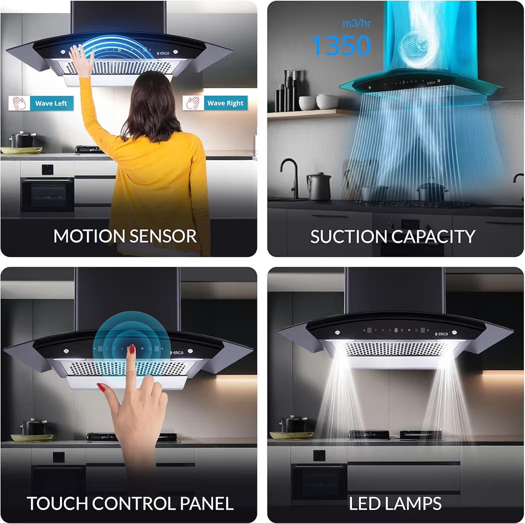 Elica 75cm 1350 m3/hr Filterless Autoclean Kitchen Chimney with 15 Years Motor & 5 Years Comprehensive Warranty | WDFL 750 HAC LTW MS NERO | Touch + Motion Sensor Control | Black - Image 4