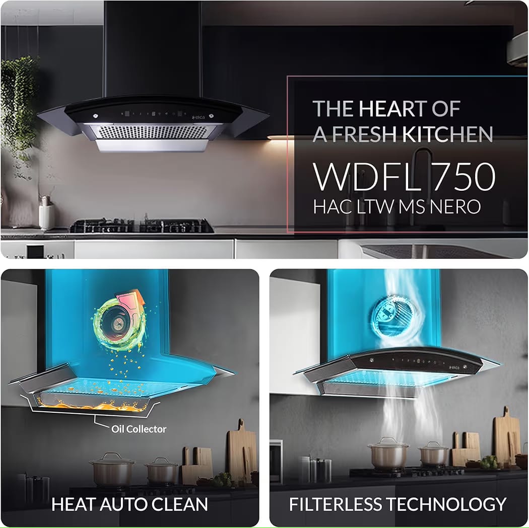 Elica 75cm 1350 m3/hr Filterless Autoclean Kitchen Chimney with 15 Years Motor & 5 Years Comprehensive Warranty | WDFL 750 HAC LTW MS NERO | Touch + Motion Sensor Control | Black - Image 5
