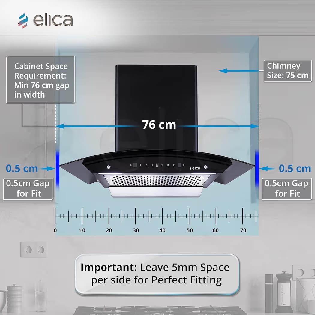 Elica 75cm 1350 m3/hr Filterless Autoclean Kitchen Chimney with 15 Years Motor & 5 Years Comprehensive Warranty | WDFL 750 HAC LTW MS NERO | Touch + Motion Sensor Control | Black - Image 7