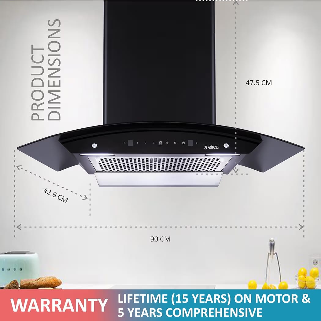 Elica 90 cm 1350 m3/hr Filterless Autoclean Kitchen Chimney with 15 Years Motor & 5 Years Comprehensive Warranty (WDFL 906 HAC LTW MS NERO, Touch + Motion Sensor Control, Black) - Image 2