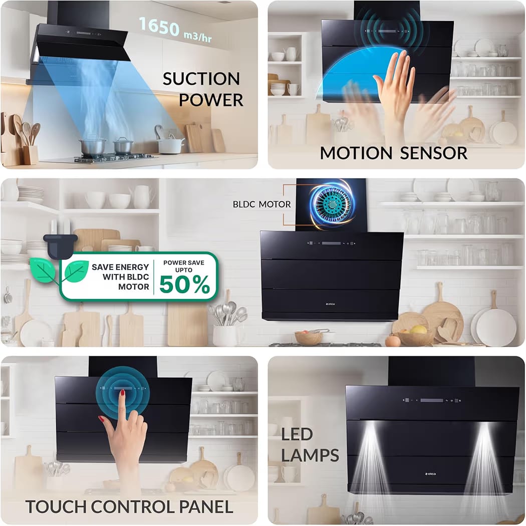 Elica 75cm 1650 m3/hr BLDC Filterless Autoclean Kitchen Chimney with 15 Years Motor & 5 Years Comprehensive Warranty | EFL 3V 751 BLDC HAC LTW MS NERO | Black | Touch + Motion Sensor Control - Image 3