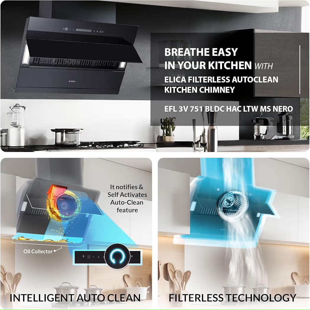 Elica 75cm 1650 m3/hr BLDC Filterless Autoclean Kitchen Chimney with 15 Years Motor & 5 Years Comprehensive Warranty | EFL 3V 751 BLDC HAC LTW MS NERO | Black | Touch + Motion Sensor Control - Image 5