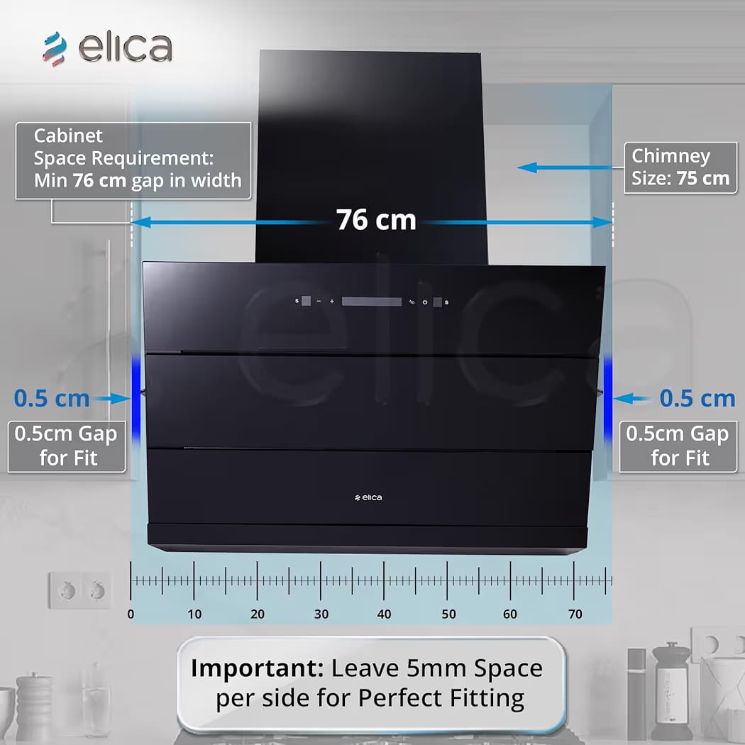 Elica 75cm 1650 m3/hr BLDC Filterless Autoclean Kitchen Chimney with 15 Years Motor & 5 Years Comprehensive Warranty | EFL 3V 751 BLDC HAC LTW MS NERO | Black | Touch + Motion Sensor Control - Image 7