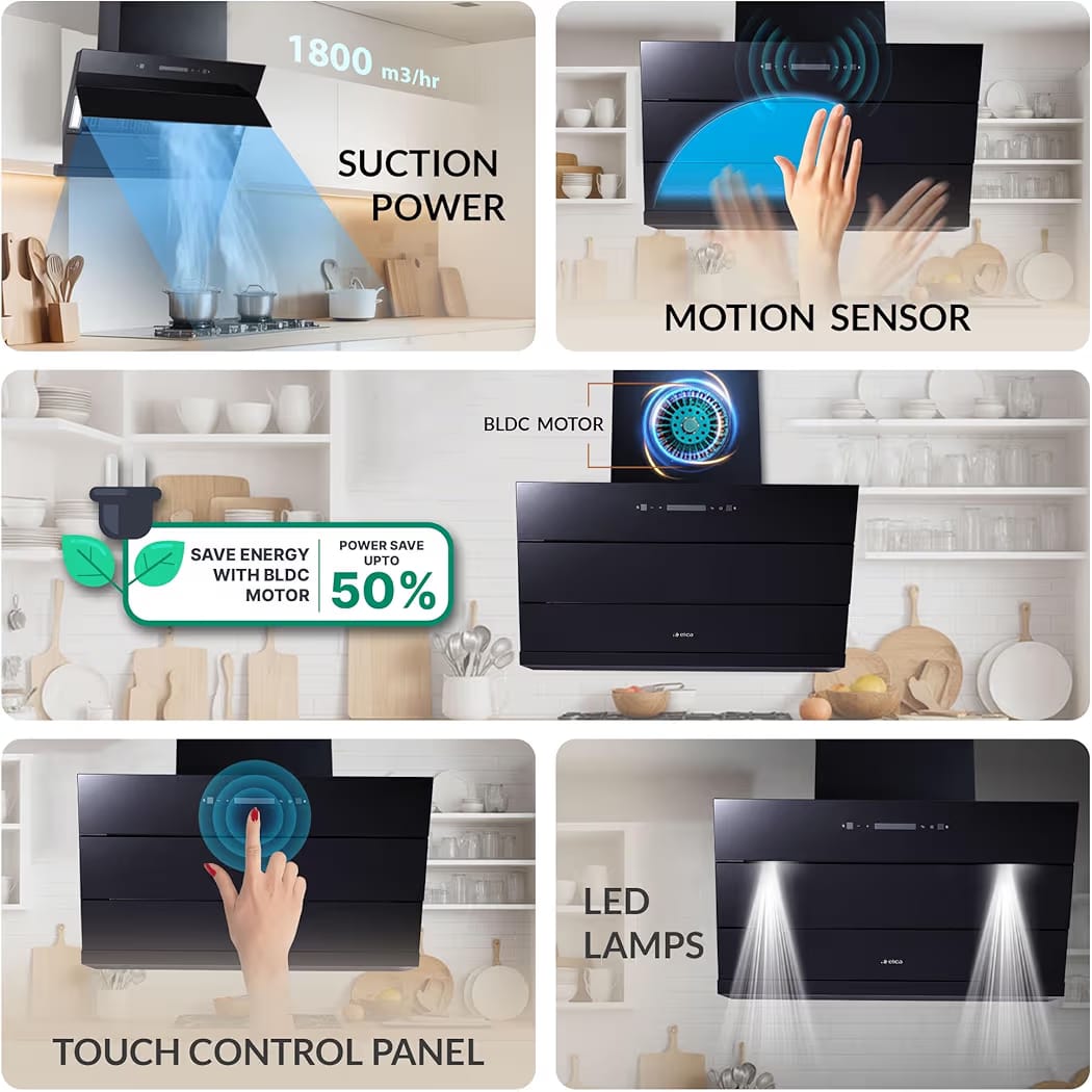 Elica 90cm 1800 m3/hr BLDC Filterless Autoclean Kitchen Chimney with 15 Years Motor & 5 Years Comprehensive Warranty | EFL 3V 901 BLDC HAC LTW MS NERO | Black | Touch + Motion Sensor Control - Image 3