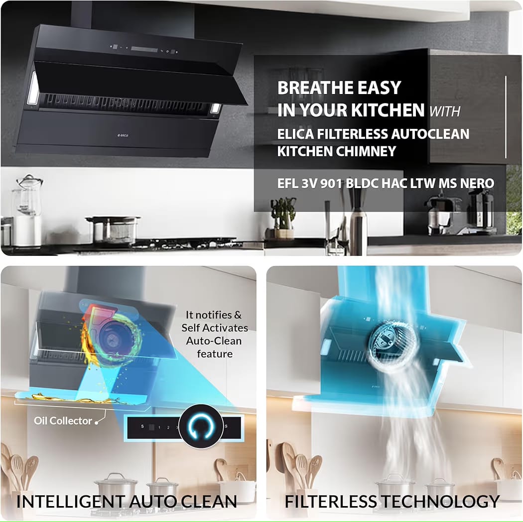 Elica 90cm 1800 m3/hr BLDC Filterless Autoclean Kitchen Chimney with 15 Years Motor & 5 Years Comprehensive Warranty | EFL 3V 901 BLDC HAC LTW MS NERO | Black | Touch + Motion Sensor Control - Image 6