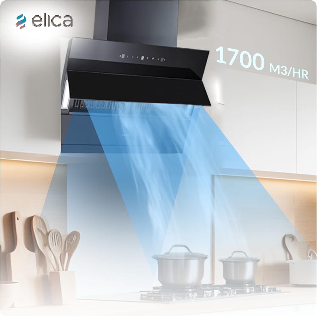 Elica 90cm 1700 m3/hr Filterless Autoclean Angular Kitchen Chimney with 15 Years Motor & 5 Years Comprehensive Warranty | EFL 3V 901 HAC LTW MS NERO | Black | Touch + Motion Sensor Control | Slant - Image 3