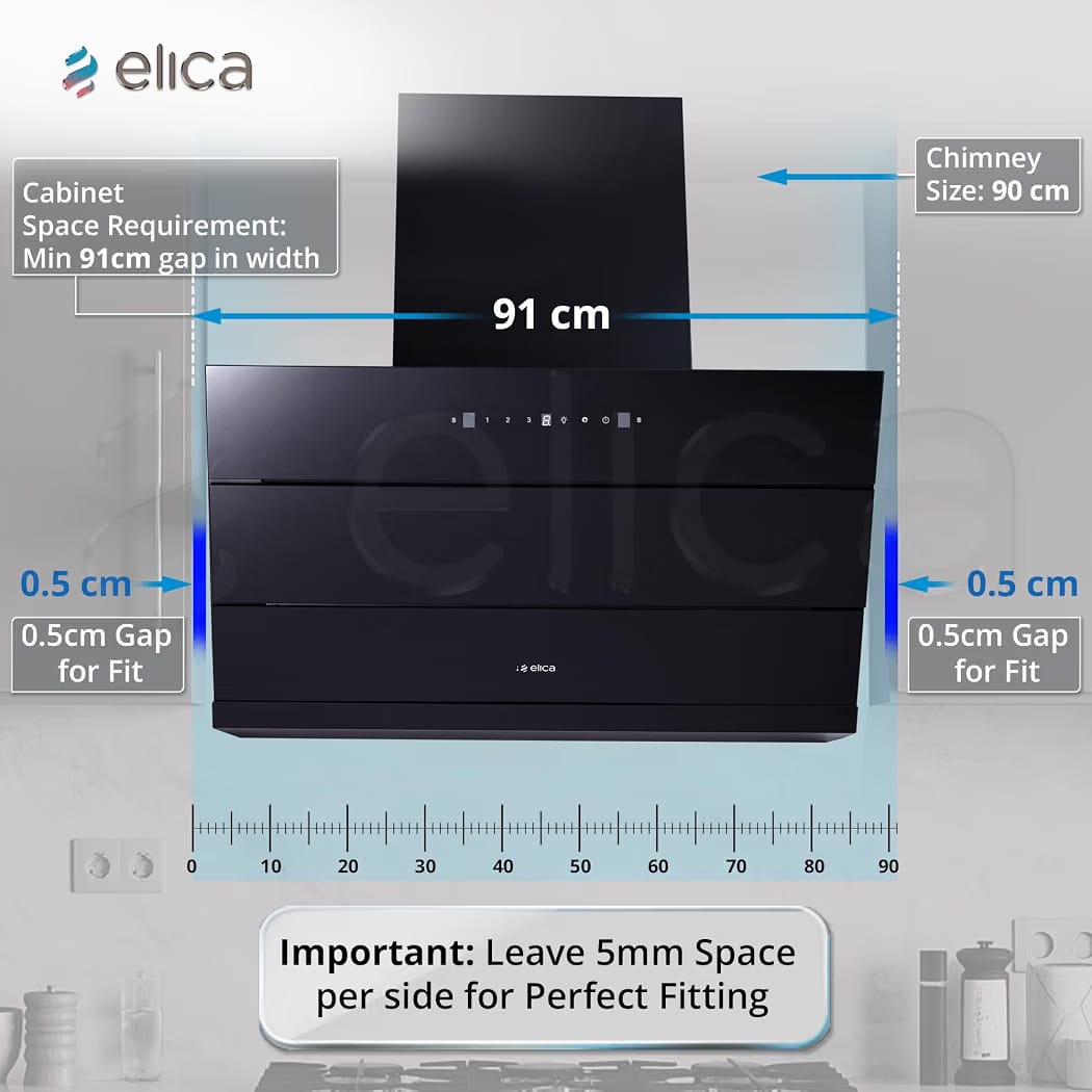 Elica 90cm 1700 m3/hr Filterless Autoclean Angular Kitchen Chimney with 15 Years Motor & 5 Years Comprehensive Warranty | EFL 3V 901 HAC LTW MS NERO | Black | Touch + Motion Sensor Control | Slant - Image 6