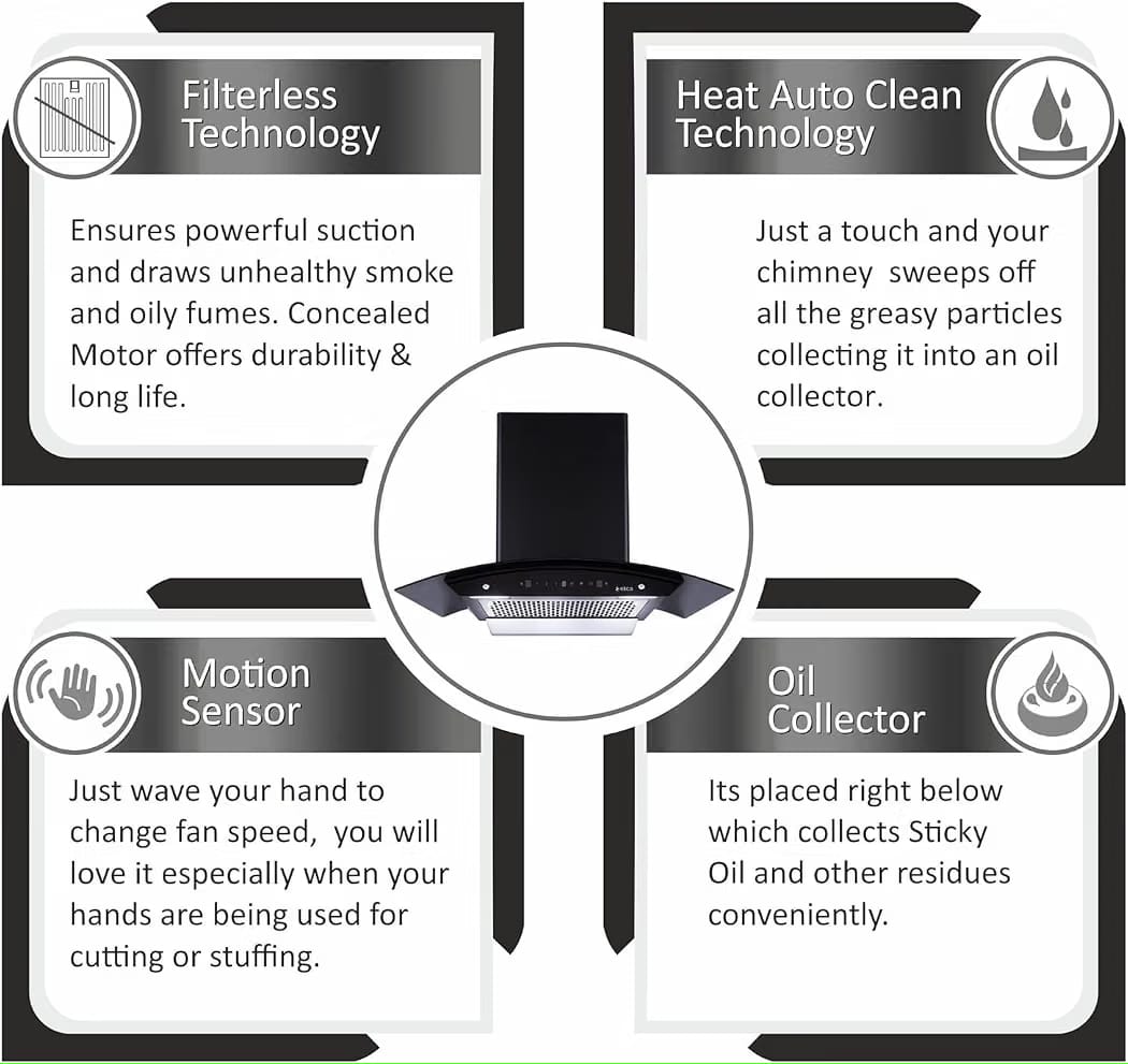 Elica 90 cm 1200 m3/hr Thermal Sensor Filterless Autoclean Kitchen Chimney with 15 Years Warranty (AUTO SENSE WDFL 906 HAC LTW MS NERO) - Image 4