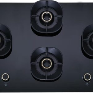 Elica 90cm 4 Burner Auto Ignition Hob | CROWN FLEXI 491 LOTUS IND HD BRASS | SABAF Triple Ring Brass Burners | 8mm Toughened Glass | Windshield Grid | 10-Year Burner Warranty