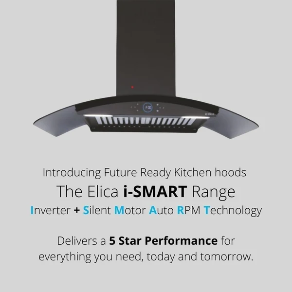 Elica 90 cm Wall Mounted Chimney / 2500RPM / Ismart Series ISMART GLACE HAC BF LTW 90 NERO / 15 YEARS WARRANTY - Image 2