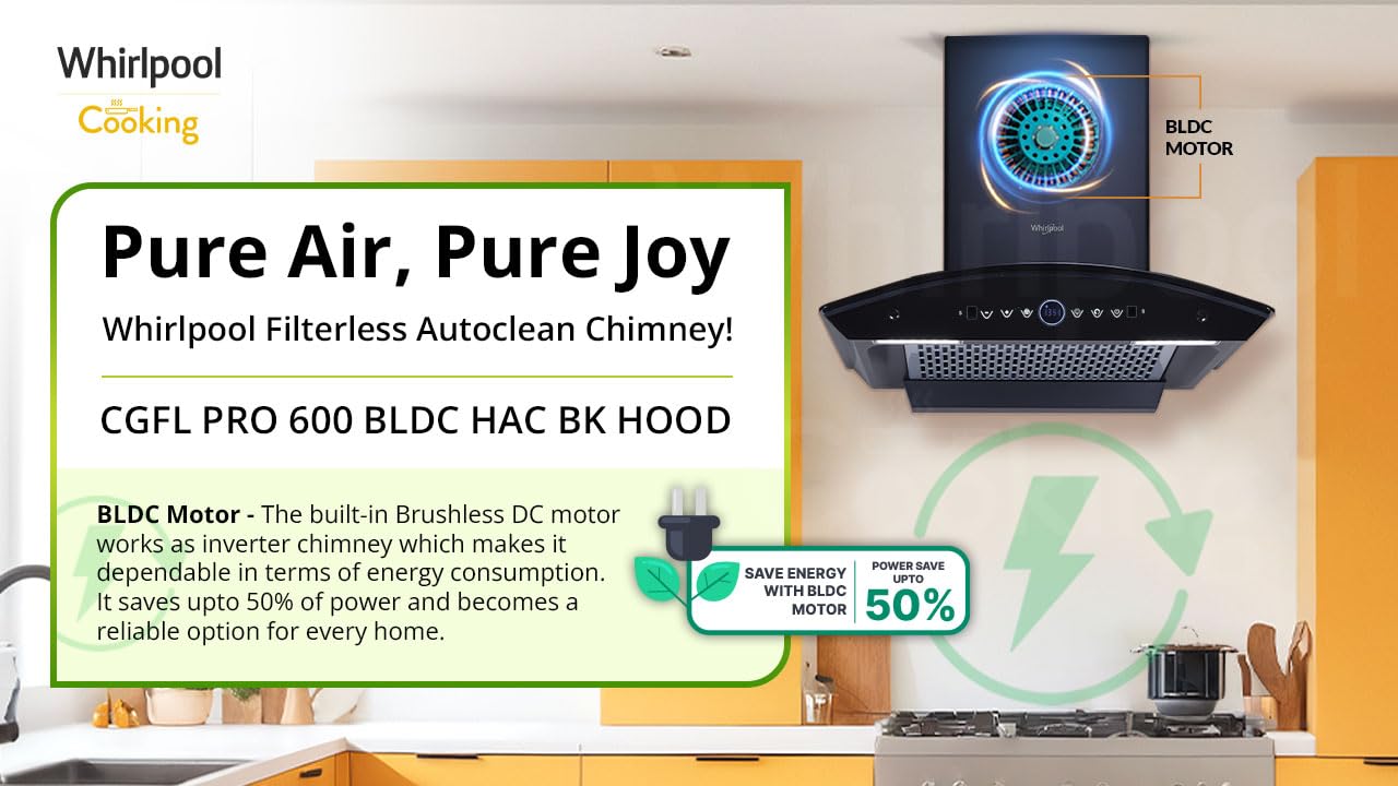 Whirlpool 60cm 1600 m3/hr BLDC Filterless Autoclean Kitchen Chimney | Free Installation | 11 Yrs WARR on Motor and 5 Yrs Comprehensive| CGFL PRO 600 BLDC HAC BK HOOD| Black| Touch Control| RPM Display - Image 2