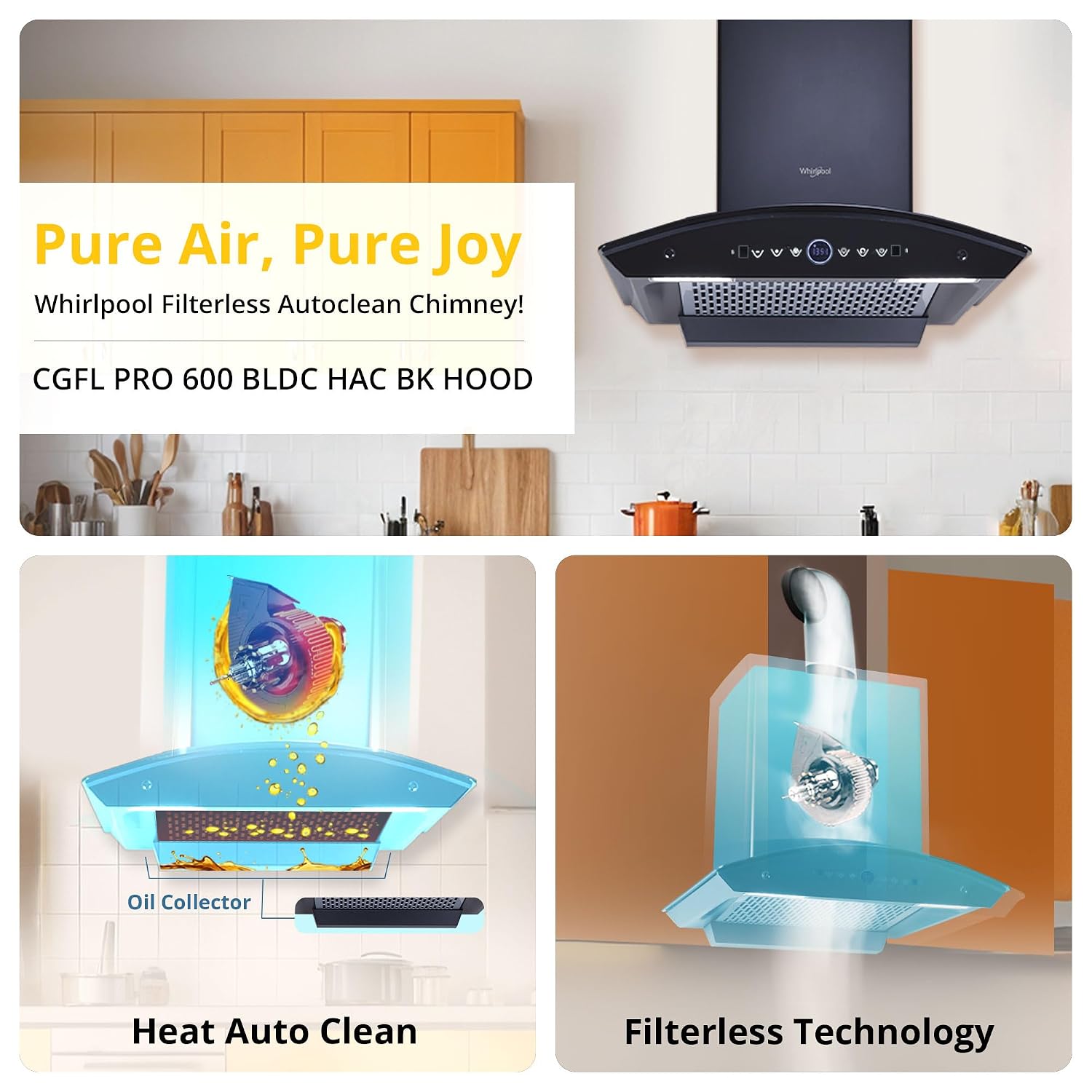 Whirlpool 90cm 1600 m3/hr BLDC Filterless Autoclean Kitchen Chimney | Free Installation | 11 Yrs WARR on Motor and 5 Yrs Comprehensive| CGFL PRO 900 BLDC HAC BK HOOD| Black| Touch Control| RPM Display - Image 4
